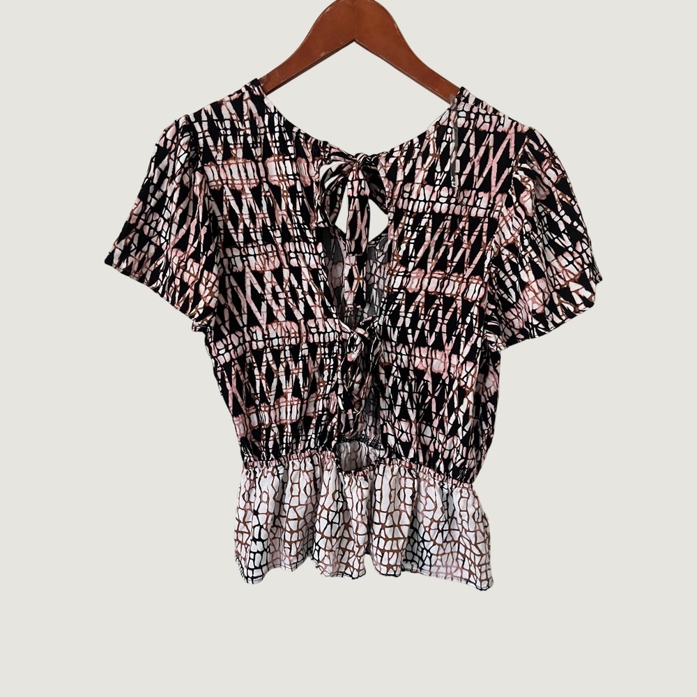 June & Hudson Pink Black Abstract Print Smocked Peplum Tie Back Blouse S boho